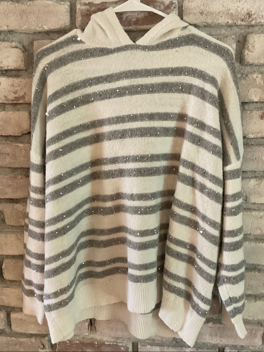 Nine West Cream and Gray Striped Hooded Sweater with silver sequins